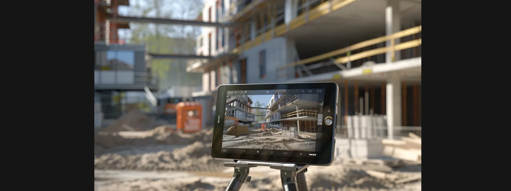 a construction site with a modern, sleek design featuring various types of home loans displayed on a digital tablet.