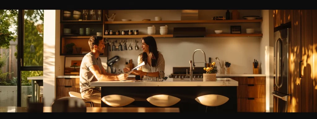 a couple sitting at a sleek, modern kitchen island, discussing plans with a confident and attentive home builder.