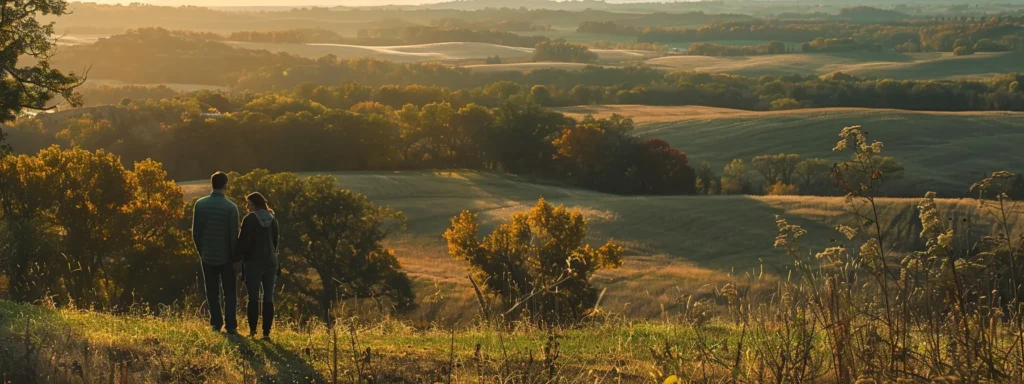 a couple standing on a picturesque hill overlooking a sprawling illinois landscape, discussing their dream home vision.