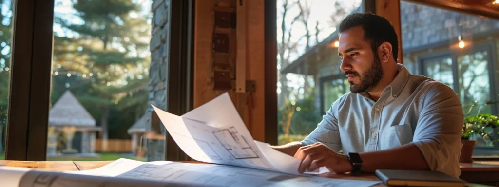 a homeowner carefully examining a portfolio of completed custom home projects with a focused expression, surrounded by architectural blueprints and design samples.