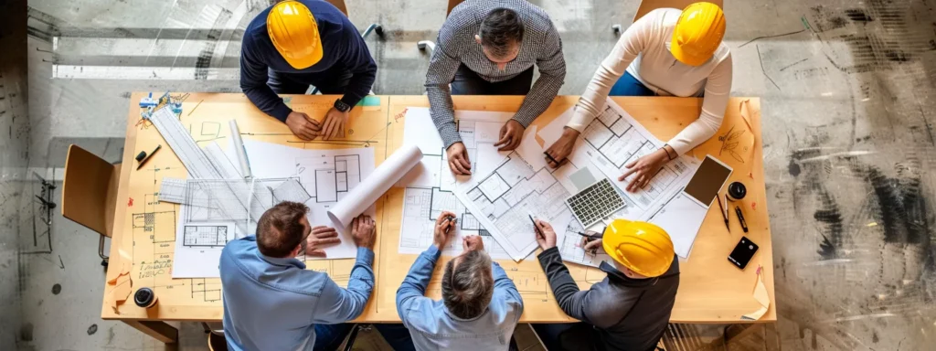 a team of architects and builders meticulously planning a custom home, surrounded by blueprints, swatches, and design samples on a large conference table.