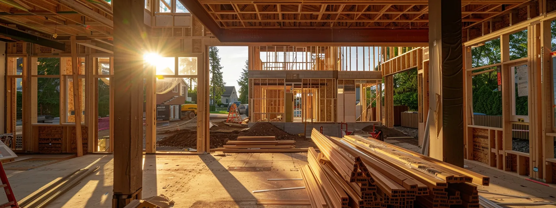 a stunning, modern custom home under construction, surrounded by an array of building materials.