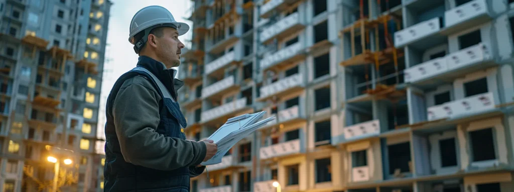 a determined architect overseeing a construction site, carefully managing timelines, budgets, design changes, and ensuring compliance with building codes, all while communicating effectively with the construction team.