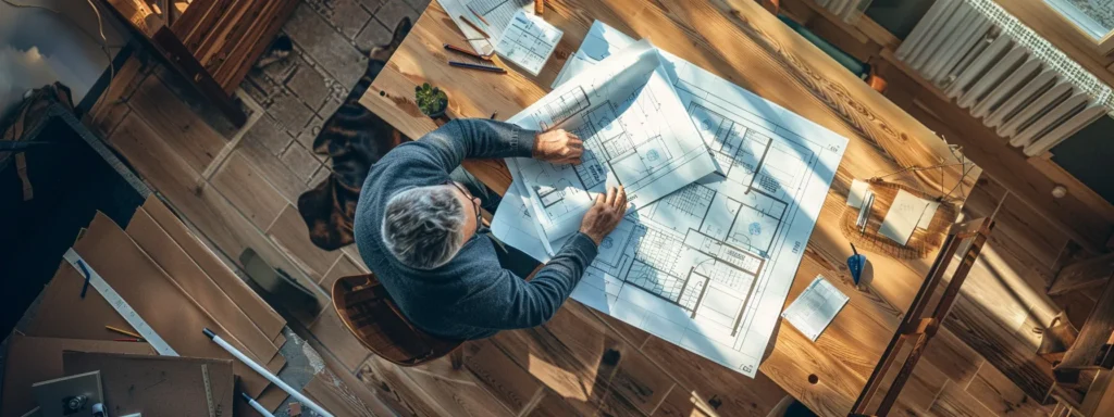 a photo of a homeowner consulting with financial advisors, surrounded by blueprints and budget spreadsheets, planning for a custom home construction project.