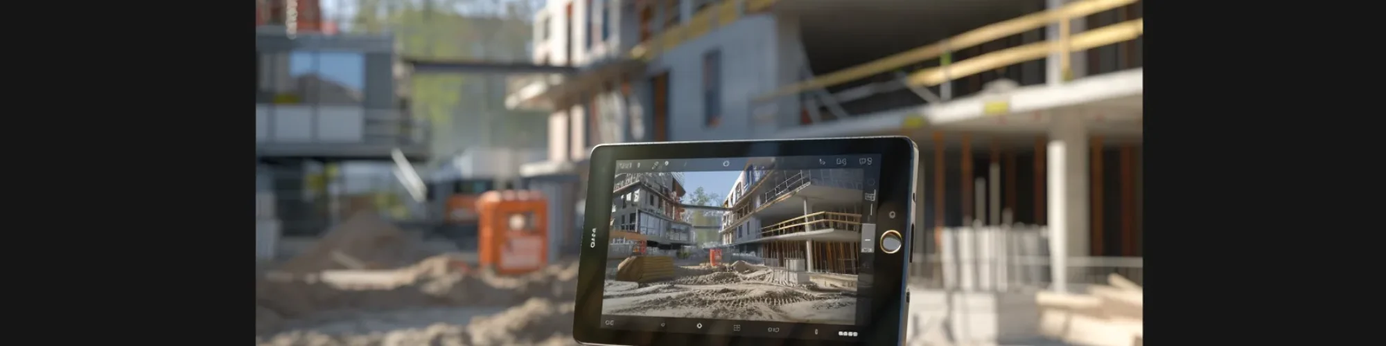 a construction site with a modern, sleek design featuring various types of home loans displayed on a digital tablet.