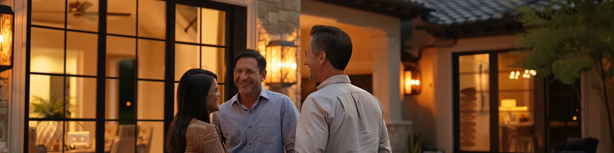 a couple smiling and shaking hands with a reputable home builder in front of a beautiful custom-designed model home.