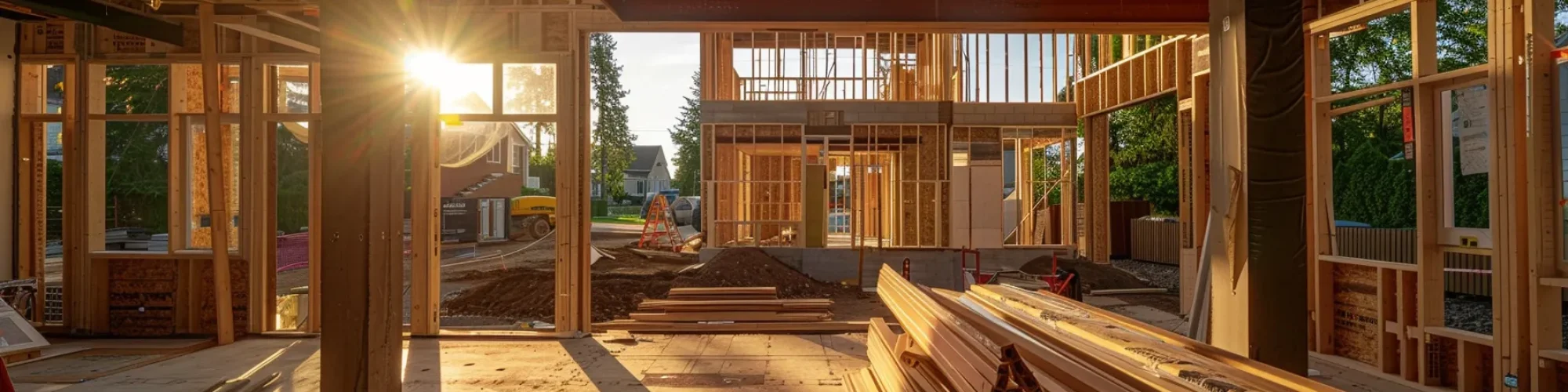 a stunning, modern custom home under construction, surrounded by an array of building materials.